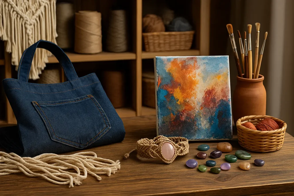 Atelier Fil Dé Toile avec sac artisanal en jean, bracelet en macramé avec pierre naturelle et toile abstraite en acrylique