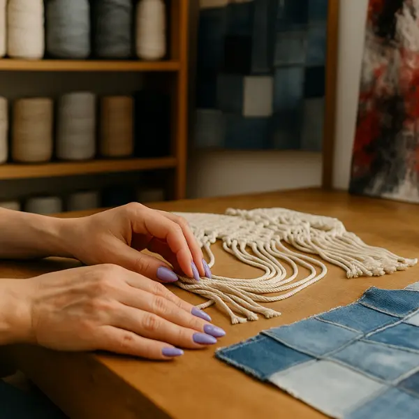 Mains de Chrystel, artisane créatrice, travaillant un macramé avec patchwork de jeans