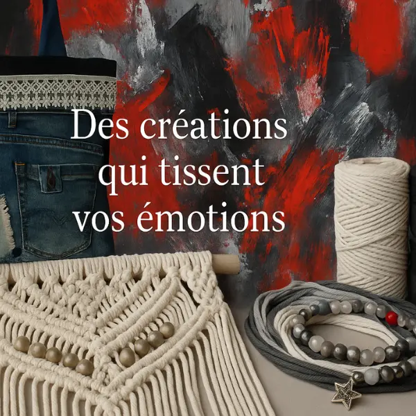 Sac en jean upcyclé, macramé artisanal, perles et toile peinte – valeurs Fil Dé Toile