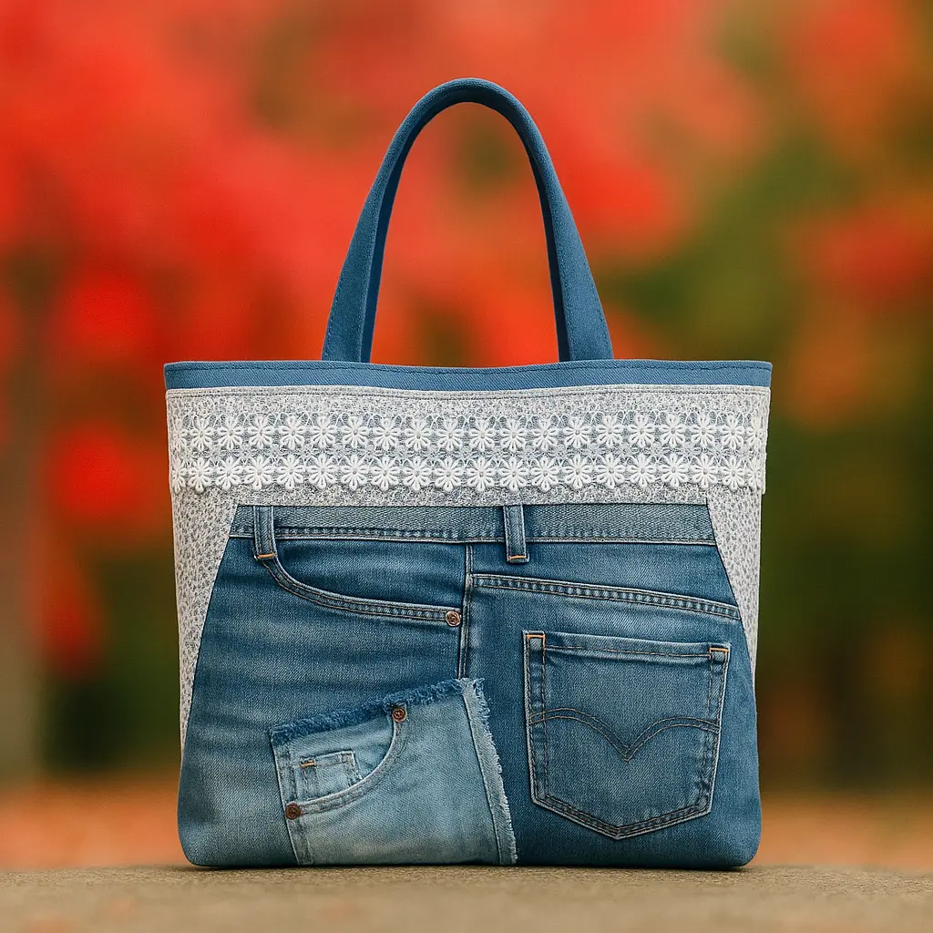 Sac cabas artisanal Canopus en jeans recyclés avec broderie blanche, création unique Fil Dé Toile