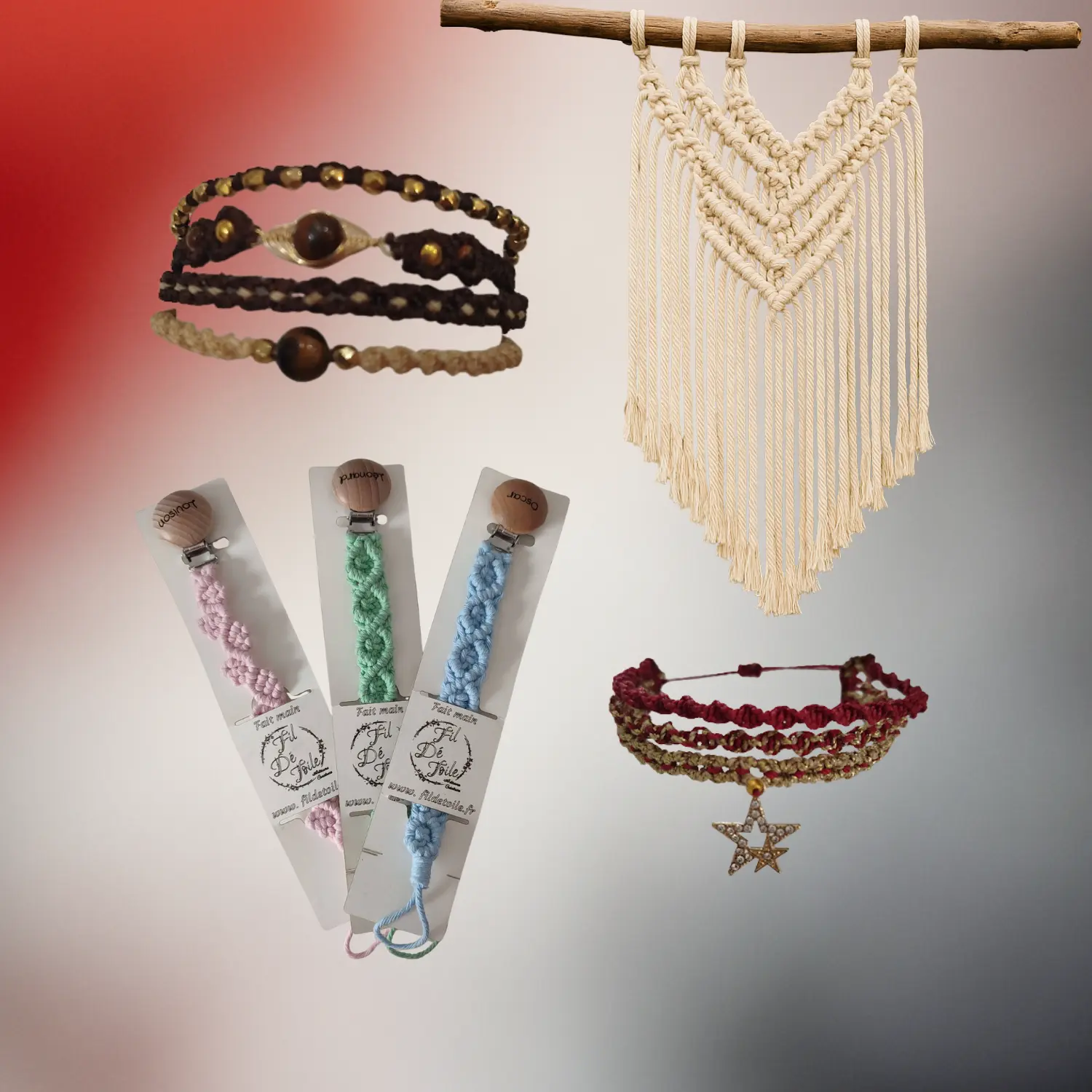 Bijoux et objets en macramé Fil Dé Toile, bracelets et déco faits main