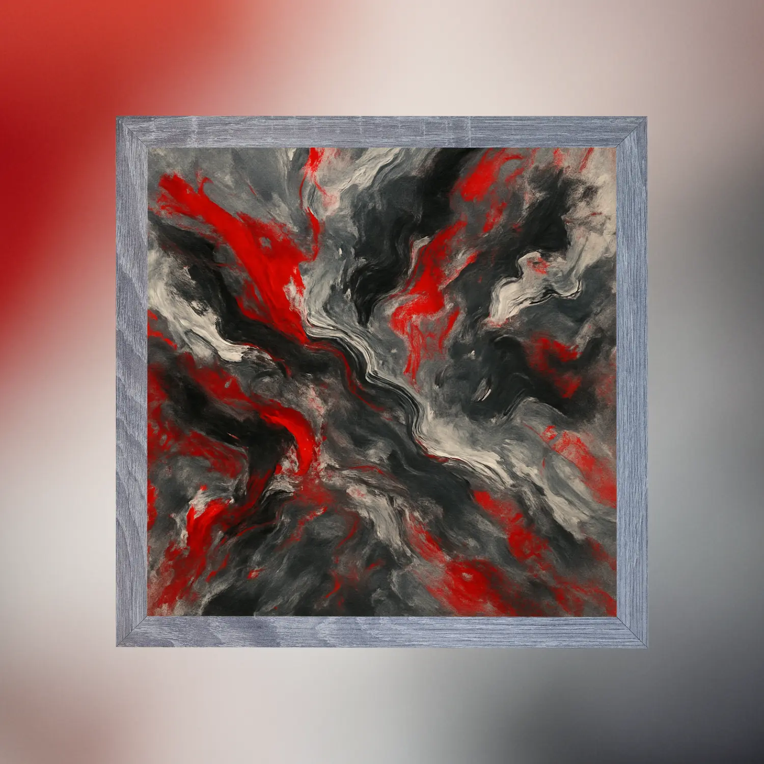 Tableau abstrait acrylique Fil Dé Toile, noir gris rouge, fait main