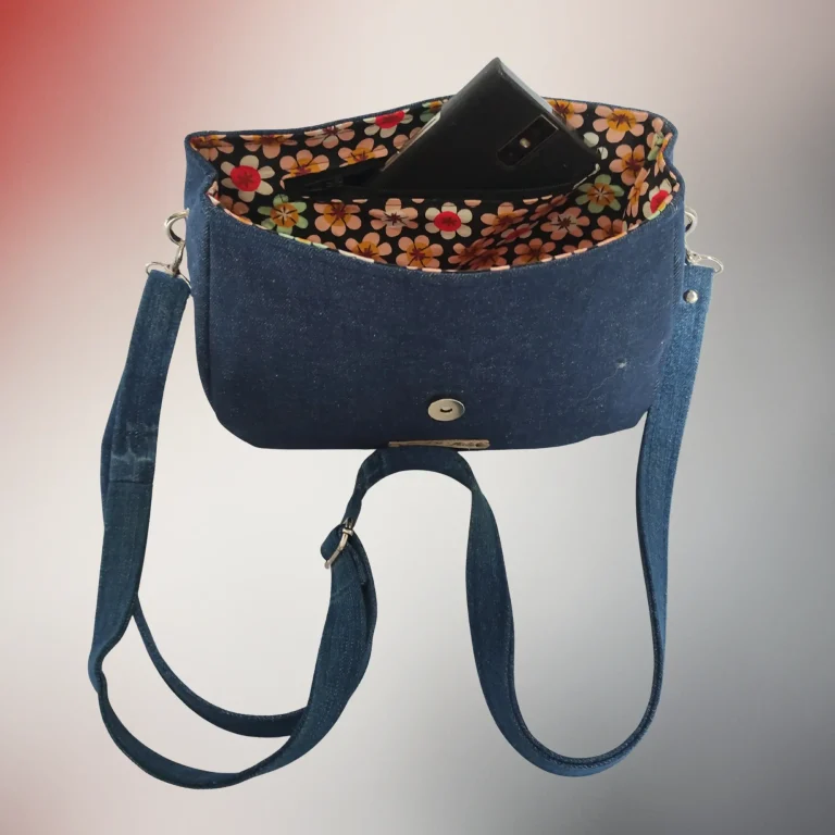 Intérieur sac besace Sirius, coton fleuri, jeans recyclé, Fil Dé Toile