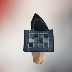 Sac cabas Canopus porté, patchwork denim, anses courtes, Fil Dé Toile.