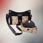Sac Véga velours marine fleuri avec bandoulière, Fil Dé Toile