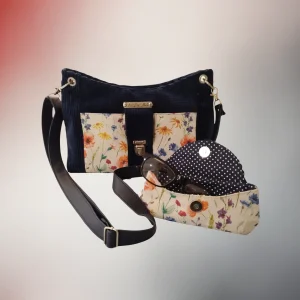 Sac Véga velours marine fleuri avec bandoulière, Fil Dé Toile